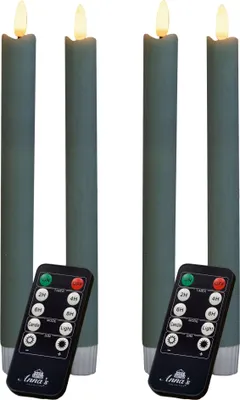 Produktbild von Sparset Stabkerzen LED mit Timer Klein+Groß Grün 4 Stück Grün indoor - 6 Stunden - ECHTWACHS 18cm+23cm Höhe für Kerzen 2,2cm Durchmesser 2 AAA Batterien notwendig LED Stabkerzen flackernde Flamme