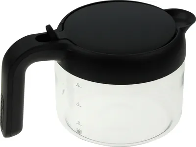 A close-up studio shot of a coffee pot carafe with a black lid and handle.