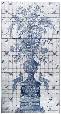 Produktbild von Casa Padrino Luxus Barock Deko Wandgemälde Vase mit Blumen und Vögel Weiß / Grau / Blau 155 x H. 280 cm - Handgefertigte & Handbemalte Naturstein Mosaik Fliesen - Barock Wanddeko