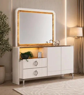 Image de Table de maquillage au design moderne, avec un cadre en bois et un miroir intégré