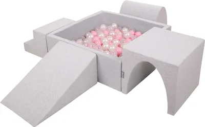 Zdjęcie produktu dla KiddyMoon piankowy plac zabaw ppzp-kw30d-125 z piłeczkami jasnoszary: pudrowy róż-perła-transparent basen 200/klin l/górka/tunel/schodek zabawka plac zabaw
