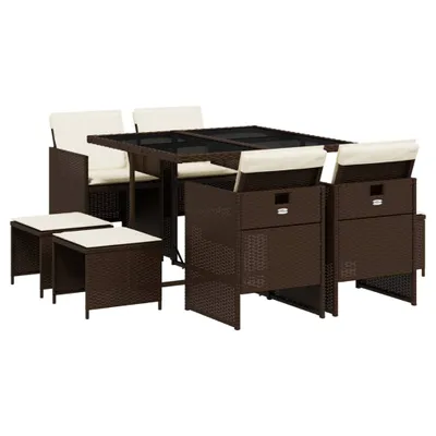 Obrázok produktu pre vidaXL 9-dielny záhradný jedálenský set s vankúšmi Brown Poly Rattan