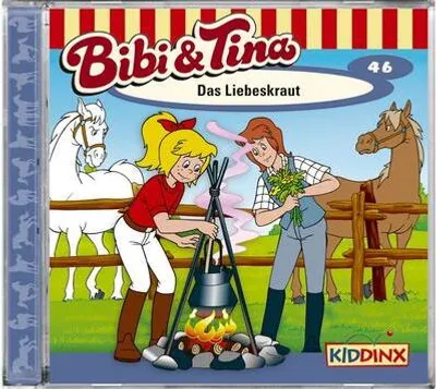 The image depicts two cartoon girls and two horses in a grassy field with a campfire and a pot.