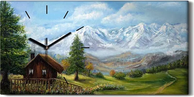 Produktbild von Wandbild Leinwand Bilder Wanduhr Geräuschlos 60x30 Landschaft Berg wiesen Bäume - schwarze Hände