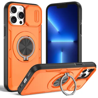 Image de Coque magnétique pour iPhone 13 Pro Max / iPhone 12 Pro Max, coque de protection militaire résistante aux chocs avec protection pour l'appareil photo et anneau de fixation/support, orange