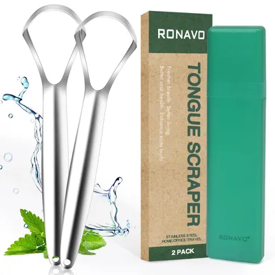 Immagine prodotto di Raschietto per lingua acciaio inox - 2 pezzi - A cucchiaio - Con custodia da viaggio