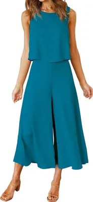 Image de ASKSA Femme Tenue d'été 2 pièces Sans manches Col rond Débardeur Pantalon ample Tenue de loisir 2 pièces, Bleu, S