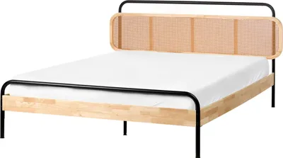 Produktbild von BELIANI Holzbett Hellbraun u. Schwarz aus Gummibaumholz Metall 160 x 200 cm mit Wiener Geflecht Kopfteil Lattenrost Modernes Design für Schlafzimmer
