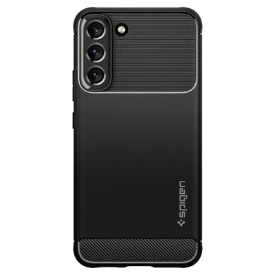 A black smartphone case with a textured upper section and a smooth lower section, featuring the Spigen logo.
