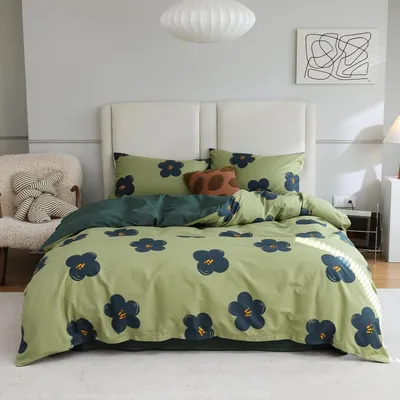 Obrázek produktu pro Sada povlečení 155x220 cm, zelená, 100% bavlna, 3dílná, se 2 povlaky na polštáře 80x80 cm, květinový vzor,  OEKO-TEX