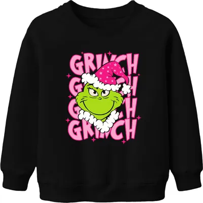 Produktbild von Grinch Weihnachten frech Geschenk grün rosa Santa Hut Retro Uni Kinder Sweatshirt Pullover, Schwarz, 152