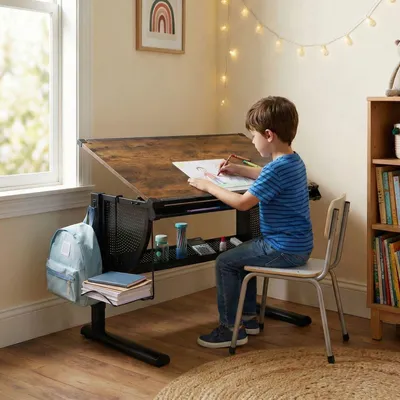Produktbild von Kinderschreibtisch SARI höhenverstellbar in Vintage/schwarz, Schreibtisch für Kinder neigbar mit Rille für Stifte, Schülerschreibtisch mit Ablage und Rucksackhalterung