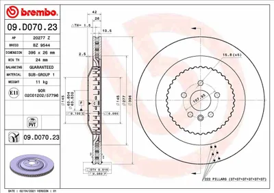 Produktbild von 2x BREMBO Bremsscheibe 09.D070.23 für LAND ROVER Range Rover Velar (L560) 42mm