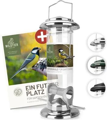Produktbild von wildtier liebe Körner Futtersäule, Vogelfutterspender 23,5cm, Silber - aus rostfreiem Edelstahl I Vogel-Futterstation, Vogelfutter-Säule, Wildvögel Futtersilo I Ganzjährige Vogelfütterung