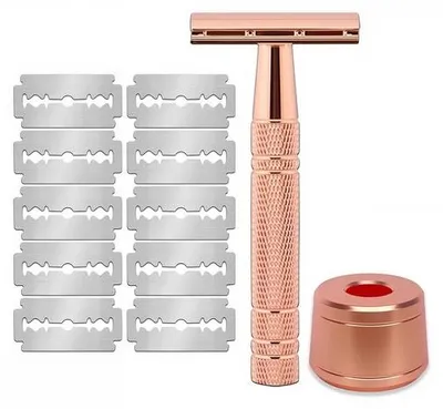 Image de Rasoirs de sécurité classiques pour femmes et hommes - couleur rose - livrés avec un support et 10 lames - rasoirs à double tranchant - durables et écologiques - rasage de près