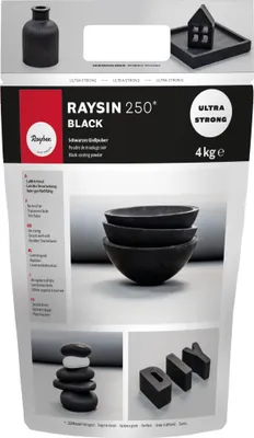 Produktbild von Rayher Gießpulver Raysin 250, schwarz, 4 kg Beutel. Maße: 320x130x260 mm. Gips aus Calciumsulfat. Lufthärtend, geruchlos, lebensmittelneutral, schnell entformbar (ca. 30 Min.), 250 N/mm² Festigkeit, optimale Fließeigenschaft. Ideal für Deko, Innenbereich, Gießen mit Kindern. Kompatibel mit Gießformen (Kunststoff, Latex, Silikon, Kautschuk) und Raysin 100/200 Weiß. Für samtige Haptik und tiefschwarze Optik.
