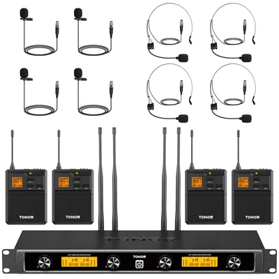 Immagine prodotto di Sistema di microfoni wireless con doppia cuffia e microfono lavalier, con una portata di 90 metri
