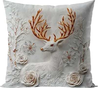 Produktbild von MARKIZETA | Kissenbezug - 40 x 40 cm - weiß gold -  3D-Motiv - Weihnachtskissenbezug - Hirsch - Rose - Winter