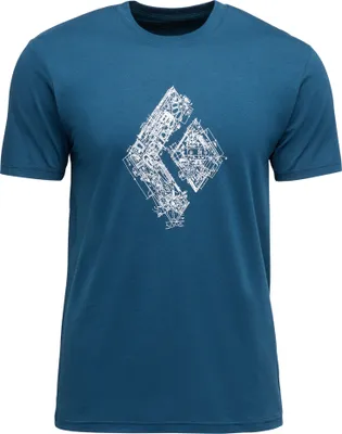 Blaues T-Shirt von Black Diamond mit grafischem Design auf der Vorderseite.