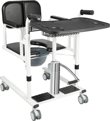 Produktbild von Patientenlifter - Hydraulischer Transferstuhl - 150 kg Tragkraft - Höhenverstellbar - Drehbar - Tragbar - Gepolsterter Sitz - Metallrahmen - Schwarz