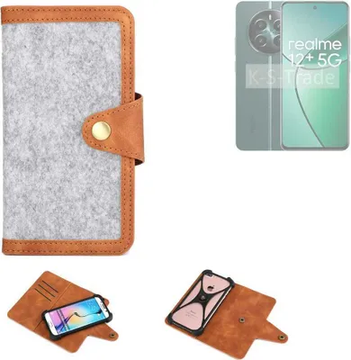 Produktbild von K-S-Trade Handyhülle kompatibel mit Realme 12+ 5G Schutzhülle Filz-Hülle Kunst-Leder hellgrau braun (1x)