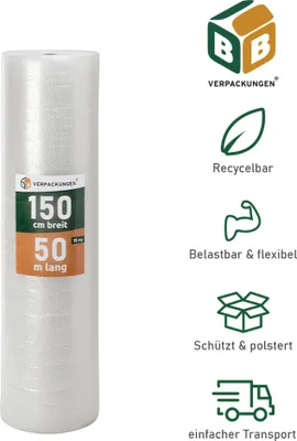 Produktbild von 3 x Luftpolsterfolie (1,5 x 50 m) 3-lagig 75 my Schutzfolie Noppen Versandfolie Polster Knallfolie Transport BB-Verpackungen