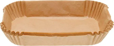 A single, empty, brown paper baking liner for an air fryer or oven.
