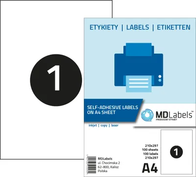 Image de Étiquettes universelles MD Labels au format A4 - 210 x 297 mm - 100 étiquettes sur 100 feuilles