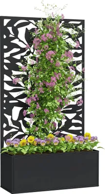 Produktbild von Großer Outdoor-Pflanzkübel - Pflanzkasten mit Sichtschutz und Rankgitter - Holz - Freistehend oder wandmontiert - 61×23×113 cm - Schwarz