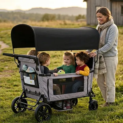 Produktbild von Merax Bollerwagen faltbar für 4 Kinder, Kinderwagen mit Sitz zu Liege umwandelbar, Sonnendach, PolyurethanRäder, Tablett, Hellgrau