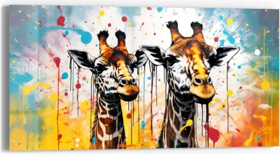 Produktbild von DEQORI Glasbild Echtglas 60x30 cm 'Giraffenleben in Farbe' Wandbild Bild modern Deko