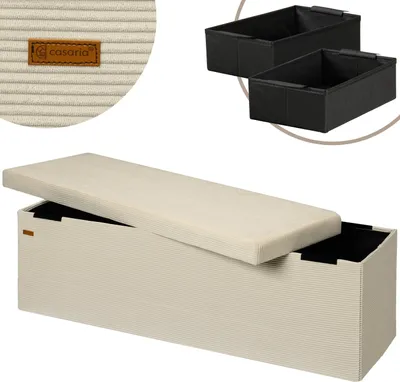 Produktbild von CASARIA® Sitzbank mit Stauraum Cord inkl. 2 Boxen Faltbar Sitzbank 300kg Belastbar 76x38cm Truhe für Wohnzimmer Schlafzimmer Flur Truhenbank Bank, Farbe:Beige L