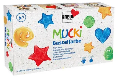 Produktbild von KREUL 24160 - Mucki Bastelfarbe, 6 x 80 ml in weiß, gelb, rot, blau, grün und schwarz, Kindermalfarbe auf Wasserbasis, parabenfrei, glutenfrei, laktosefrei, vegan, auswaschbar, mit Pinsel vermalbar