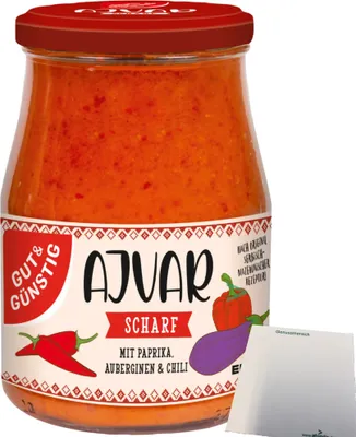 Produktbild von Gut & Günstig Ajvar scharf mit Paprika und Auberginen (340ml Glas) + usy Block