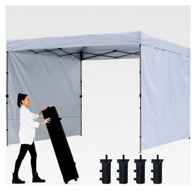 Produktbild von Wasserdichter Faltpavillon, stabil und winterfest, UV-Schutz 50+, für Garten und Camping, 4 Sandsäcke, Partyzelt mit 2 Seitenwänden, 3x3m, Weiß
