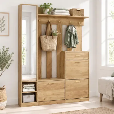 Productafbeelding van MODFU Garderobesets met spiegel, gangkast met 3 schoenenrekken, schoenenkast met 1 lade, kledingkast met veel haken, 133x23,5x180 cm, naturel