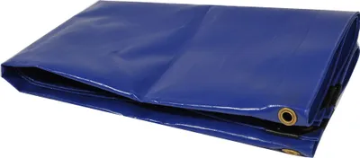 A folded blue tarp is shown on a white background.