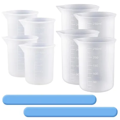 Zdjęcie produktu dla Zestaw 8 sztuk silikonowych miarek: 250 ml i 100 ml, z 2 mieszadłami i podziałką, przezroczyste
