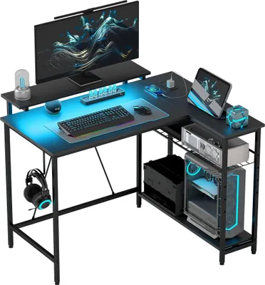Obrázok produktu pre Písací stôl HOMCOM v tvare L s LED osvetlením, zásuvkami, USB portmi, policou a podstavcom pod monitor