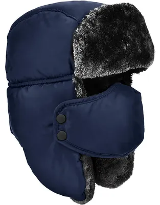 Produktbild von Uni Wintermütze mit Ohrenklappen, Trappermütze mit Kunstfell, marineblau/grauer Pelz
