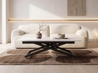Produktbild von Couchtisch Höhenverstellbar Ausziehbar – Wohnzimmertisch & Esstisch mit Rollen, Schwarzem X-Gestell – 120 x 80 cm bis 160 x 80 cm – Weiß