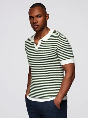 Productafbeelding van Gestreept herenpoloshirt met ombré-effect, zonder knopen, marineblauw met olijfgroene strepen, maat M