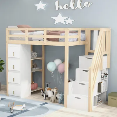 Image de Flieks Lit superposé 90x200cm avec tiroirs, lit surélevé d'enfant avec étagères et compartiment de rangement, lit en bois simple d'enfant avec protection contre les chutes, naturel