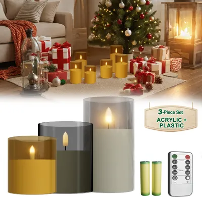 A festive Christmas scene with LED candles, gifts, and a Christmas tree.