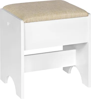A white wooden stool with a beige fabric seat is shown against a white background.