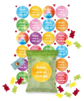 Produktbild von 24 Fruchtgummi Tütchen Schön, dass es dich gibt – bunte Mini-Geschenke zum Verschenken