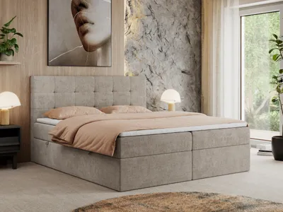 Produktbild von MKS MEBLE Boxspringbett 140x200 mit Bettkasten und Matratze H3, Polsterbett 140x200 mit Bettkasten, Bett 140x200 mit Stauraum und Topper - Centos - Beige Struktur
