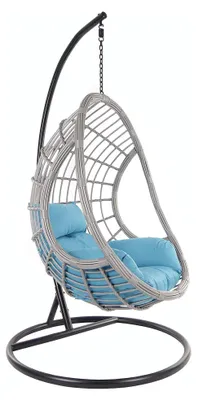 Produktbild von Hängesessel mit Gestell und Kissen, Polyrattan, grau (Kissen: Nest blau)