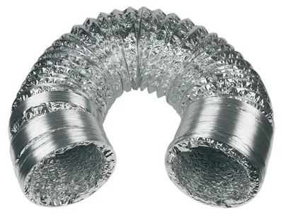 A flexible, silver-colored aluminum dryer vent hose is shown bent in a curve against a white background.