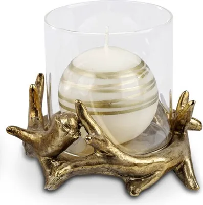 Produktbild von Windlicht Geweih mit Kerzen-Glas 16cm aus Kunststein Farbe antik-gold